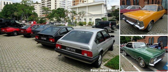Na foto maior: a partir da direita, dois Monzas Hacth, um S/R e um Conversível. Nas fotos laterais, Opalas De Luxo Sedan 1973 e Gran Luxo Coupê 1974