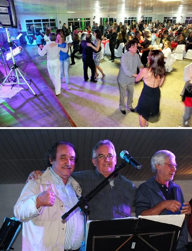 Acima, momento da festa de confraternização. Abaixo, Celso Carvalho(e) e Guilherme Ramos: homenagem do Grupo AGMH - RJ a Jorge Borboleta(d)