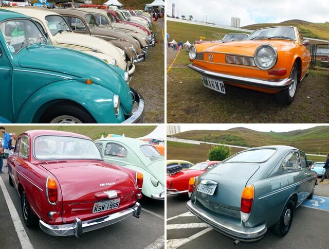 Acima os VWs nacionais: Fuscas e Karmann Ghia TC. Abaixo os alemães Type 3 Squareback e Fastback