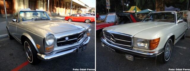 Duas gerações do Mercedes SL. A da primeira, conhecida como "Pagoda", tem faróis verticais